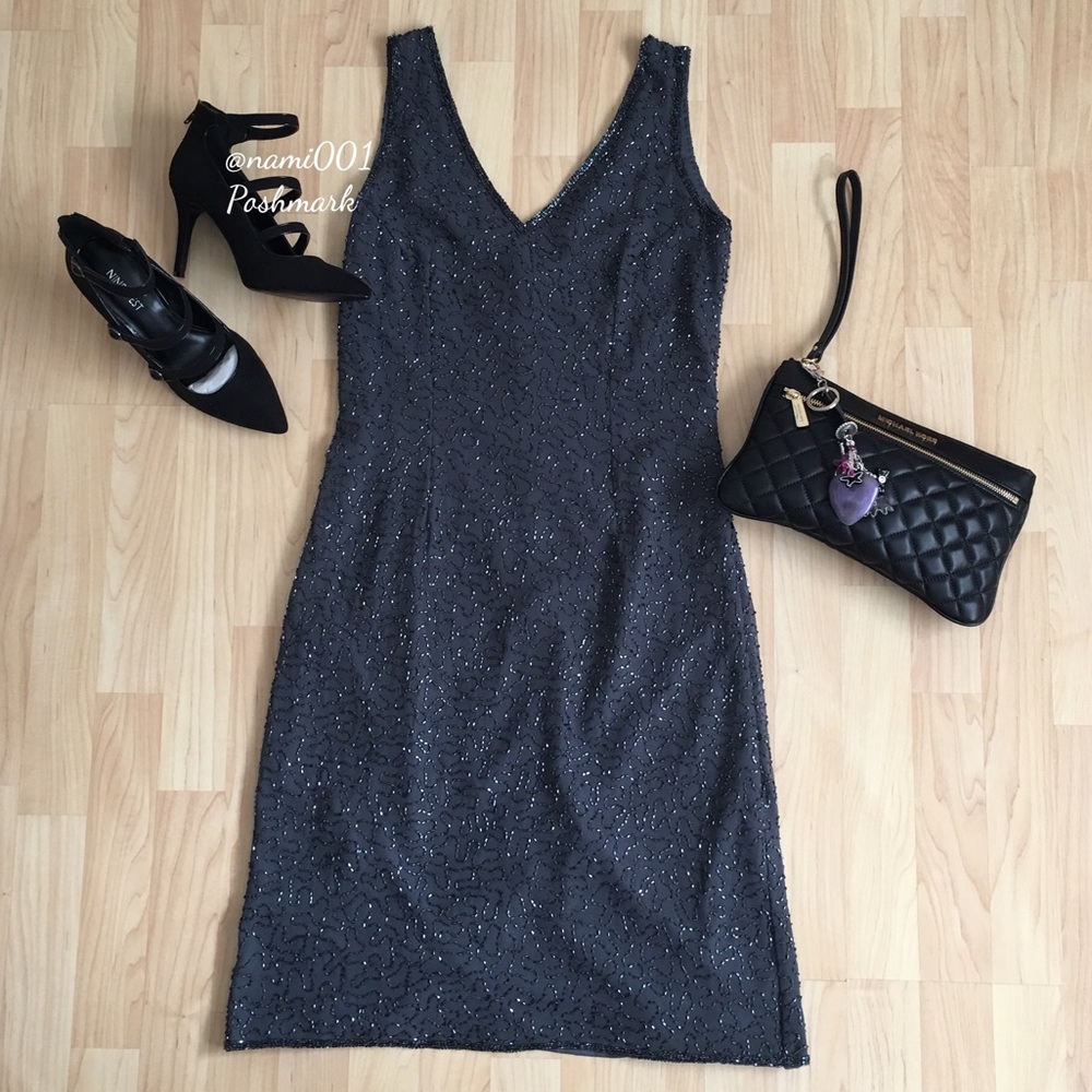 JMD New York Dark Gray Beaded Cocktail Dress EUC
